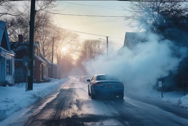 Car Exhausts Smoke in Cold Weather